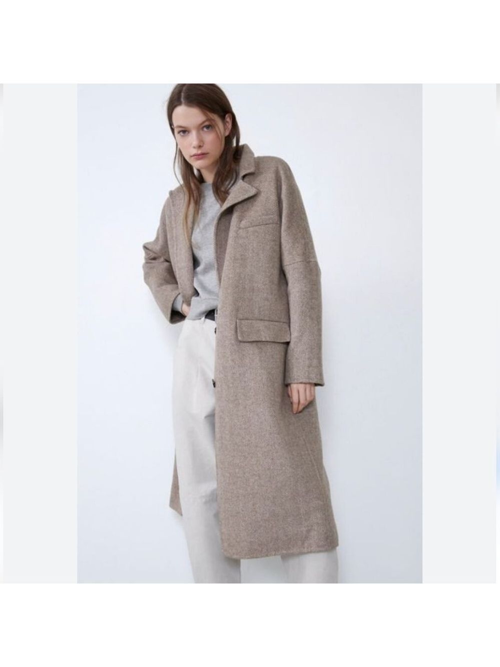 Zara Herringbone Oversized  Wool Mohair Blend Long Coat, Size M